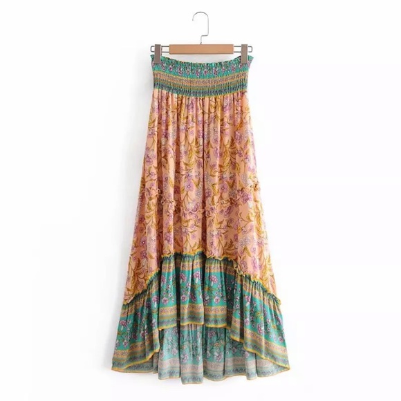 Bohemian Floral Gypsy Elastic Smocked Waist Skirt - Picture 3 of 7